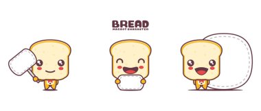 Beyaz arka planda izole edilmiş, boş pankartı olan sevimli ekmek çizgi film maskotu..