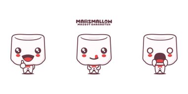 Marshmallows çizgi film maskotu, farklı ifadelerle, beyaz bir arka planda izole edilmiş..