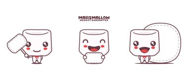 Marshmallows çizgi film maskotu, beyaz bir arka planda izole edilmiş, boş pankartı var..