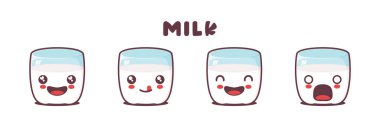 Farklı yüz ifadeleri olan süt çizgi filmi maskotu. Simgeler, logolar, baskılar, çıkartmalar vs. için uygun.