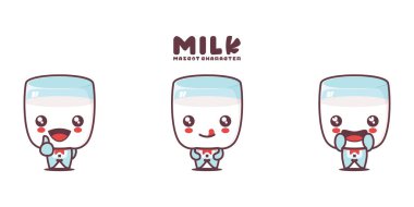 Süt çizgi filmi maskotu, farklı ifadelerle, beyaz bir arka planda izole edilmiş..