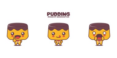 Farklı ifadelere sahip, beyaz bir arka planda izole edilmiş puding çizgi film maskotu..