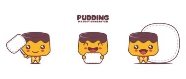 Beyaz arka planda izole edilmiş boş pankartı olan puding çizgi film maskotu..