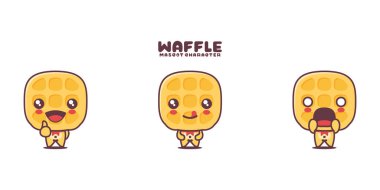 Waffle çizgi film maskotu, farklı ifadelerle, beyaz bir arka planda izole edilmiş..