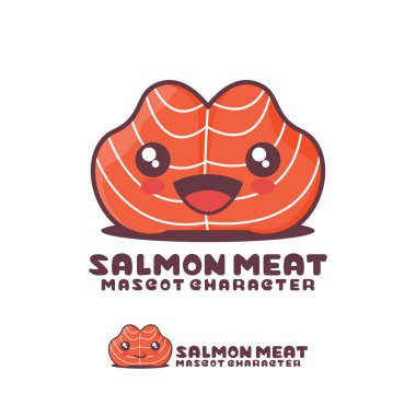 Sevimli somon eti çizgi film maskotu çizimi, neşeli bir ifadeyle, logolar, baskılar, çıkartmalar, vs. için uygun, beyaz bir arka planda izole edilmiş..