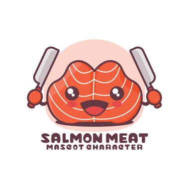 Tatlı somon eti çizgi film maskotu çizimi, logolar, baskılar, çıkartmalar vs. için uygun, beyaz arka planda izole edilmiş..