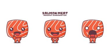 Somon eti çizgi film maskotu çizimi, farklı ifadelerle, beyaz arka planda izole edilmiş..