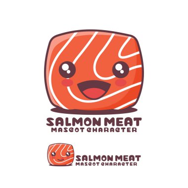 Somon eti çizgi film maskotu çizimi, neşeli bir ifadeyle, logolar, baskılar, çıkartmalar vs. için uygun, beyaz arka planda izole edilmiş..