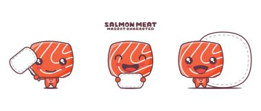 Beyaz arka planda izole edilmiş, boş pankartlı somon eti karikatürü çizimi..