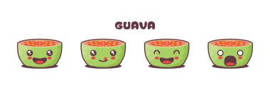 Guava karikatür maskot çizimi, farklı yüz ifadeleriyle. Simgeler, logolar, baskılar, çıkartmalar vs. için uygun.