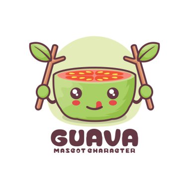 guava çizgi film maskotu çizimi, logolar, baskılar, çıkartmalar vs. için uygun, beyaz arka planda izole edilmiş..