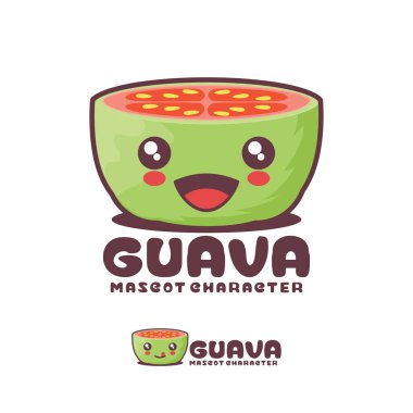 guava çizgi film maskotu çizimi, mutlu bir ifadeyle, logolar, baskılar, çıkartmalar, vs. için uygun, beyaz arka planda izole edilmiş..