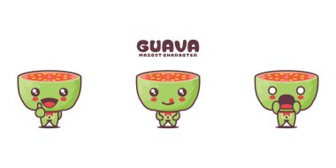 guava çizgi film maskotu çizimi, farklı ifadelerle, beyaz bir arkaplanda izole edilmiş..