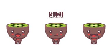 kivi meyve karikatürü çizimi, farklı ifadelerle, beyaz arka planda izole edilmiş.