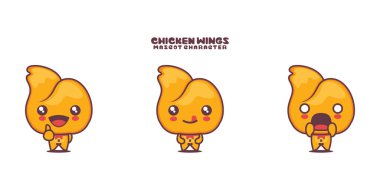 Farklı ifadelerle bembeyaz bir arkaplanda izole edilmiş tavuk kanadı çizgi film çizimleri..