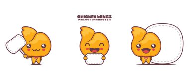 Beyaz arka planda izole edilmiş, boş pankartı olan tavuk kanadı çizgi film çizimleri..