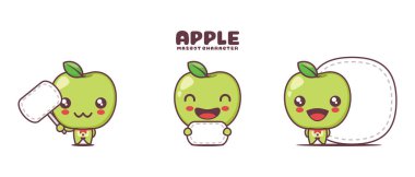 Beyaz arka planda izole edilmiş, boş pankart afişi ile yeşil elma çizgi filmi çizimi.