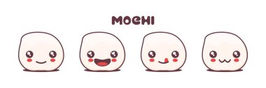 Mochi karikatür çizimi, farklı yüz ifadeleriyle. Simgeler, logolar, baskılar, çıkartmalar vs. için uygun.
