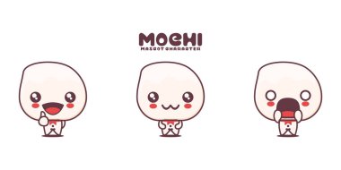Mochi karikatür çizimi, farklı ifadelerle, beyaz bir arkaplanda izole edilmiş..