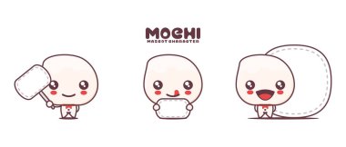 Mochi karikatür çizimi, boş pankart afişi ile, beyaz arka planda izole.