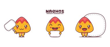 nachos çizgi film çizimi, boş pankart afişi ile, beyaz arka planda izole.