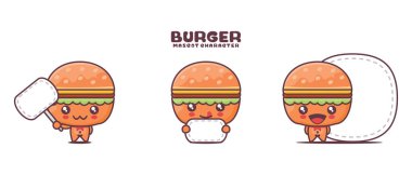 Beyaz arka planda izole edilmiş, boş pankartı olan hamburger çizgi film çizimleri..