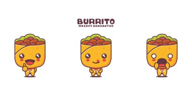 Burrito karikatür çizimi, farklı ifadelerle, beyaz bir arkaplanda izole edilmiş..