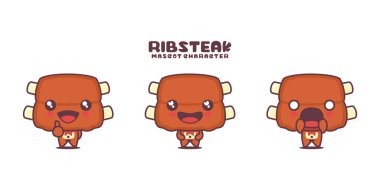 Kaburga bifteği karikatür çizimi, farklı ifadelerle, beyaz arka planda izole edilmiş..