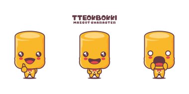 Tteokbokki karikatür çizimi, Kore geleneksel yemekleri, farklı ifadelerle, beyaz arka planda izole edilmiş.