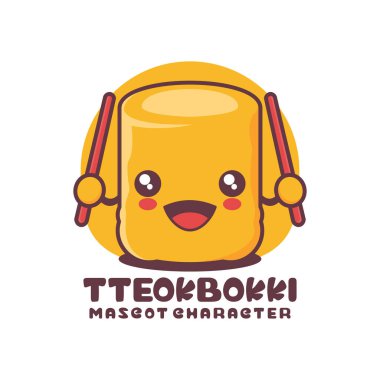 Tteokbokki karikatür illüstrasyonu, geleneksel Kore yemekleri, logolar, baskılar, çıkartmalar vs. için uygun, beyaz arka planda izole edilmiş..