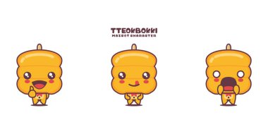 Tatlı Tteokbokki karikatürü, geleneksel Kore yemekleri, farklı ifadeler, beyaz arka planda izole edilmiş..