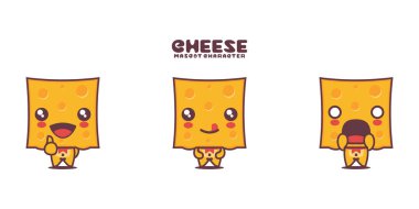 Peynir karikatür çizimleri, farklı ifadelerle, beyaz arka planda izole edilmiş..