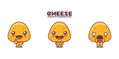 Farklı ifadelerle çizilmiş, beyaz bir arkaplanda izole edilmiş peynir karikatürü..