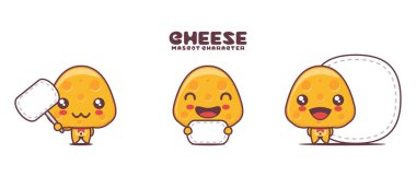 Beyaz arka planda izole edilmiş, boş pankart afişi ile çizilmiş peynir karikatürü çizimi.