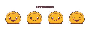 Empanadas karikatür çizimi, farklı yüz ifadeleriyle. Simgeler, logolar, baskılar, çıkartmalar vs. için uygun.