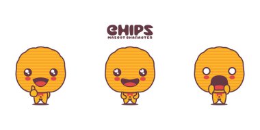 vektör çipleri karikatür çizimi, farklı ifadelerle, beyaz arkaplanda izole edilmiş.