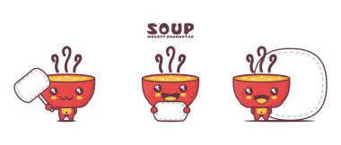 Beyaz arkaplanda izole edilmiş, boş pankart afişi ile vektör çorbaları çizgi film illüstrasyonu.