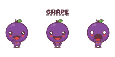 Üzüm karikatür çizimi, farklı ifadelerle, beyaz arkaplanda izole edilmiş.