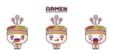 vektör ramen karikatür çizimi, Japon geleneksel erişteleri, farklı ifadelerle, beyaz arka planda izole edilmiş..
