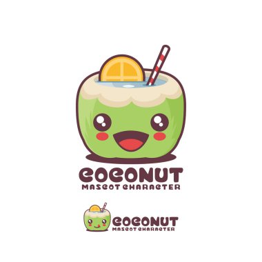 Yeşil hindistan cevizi karikatür çizimi, mutlu bir ifadeyle, logolar, baskılar, çıkartmalar vs. için uygun, beyaz bir arkaplanda izole edilmiş..