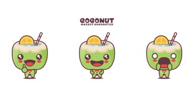 Yeşil hindistan cevizi karikatür çizimi, farklı ifadelerle, beyaz bir arkaplanda izole edilmiş..