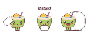 Beyaz arkaplanda izole edilmiş, boş pankart pankartlı, yeşil hindistan cevizi çizgi film çizimi.