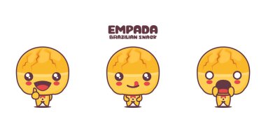 Vektör Empada karikatür çizimi, Brezilya abur cuburları, farklı ifadelerle, beyaz arka planda izole edilmiş.