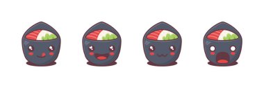 Vektör temaki sushi karikatür çizimi, Japon geleneksel yemekleri, farklı yüz ifadeleri. Simgeler, logolar, baskılar, çıkartmalar vs. için uygun.