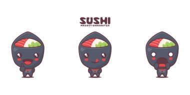 Vektör temaki sushi karikatür çizimi, Japon geleneksel yemekleri, farklı ifadeler, beyaz arka planda izole edilmiş..