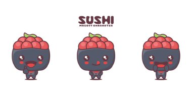 Somon yumurtalı vektör gunkan suşi, Japon geleneksel yemekleri, farklı ifadeler, beyaz arka planda izole edilmiş..