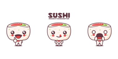 Vektör uramaki sushi, Japon geleneksel yemekleri, farklı ifadelerle, beyaz arka planda izole edilmiş..