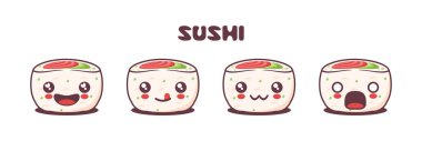 Vektör uramaki sushi, Japon geleneksel yemekleri ve farklı yüz ifadeleri. Simgeler, logolar, baskılar, çıkartmalar vs. için uygun.