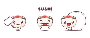 Vektör uramaki sushi, Japon geleneksel yemeği, beyaz arka planda izole edilmiş boş pankartı var..