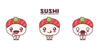 Vektör nigiri sushi, Japon geleneksel yemekleri, farklı ifadelerle, beyaz arka planda izole edilmiş..